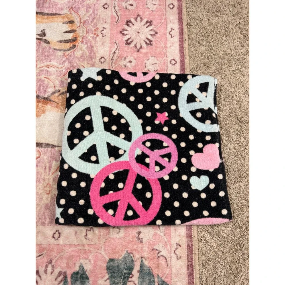 VTG Y2K Peace Sign Polka Dot Beach Towel Black Pink 100% Cotton‎ Groovy Retro